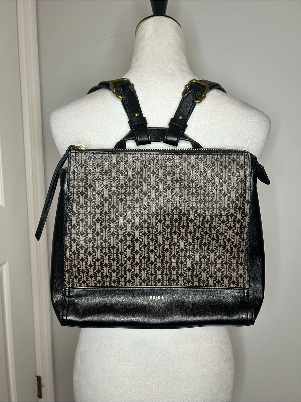 Fossil Elina Black and Brown Monogram Convertible Backpack Tote